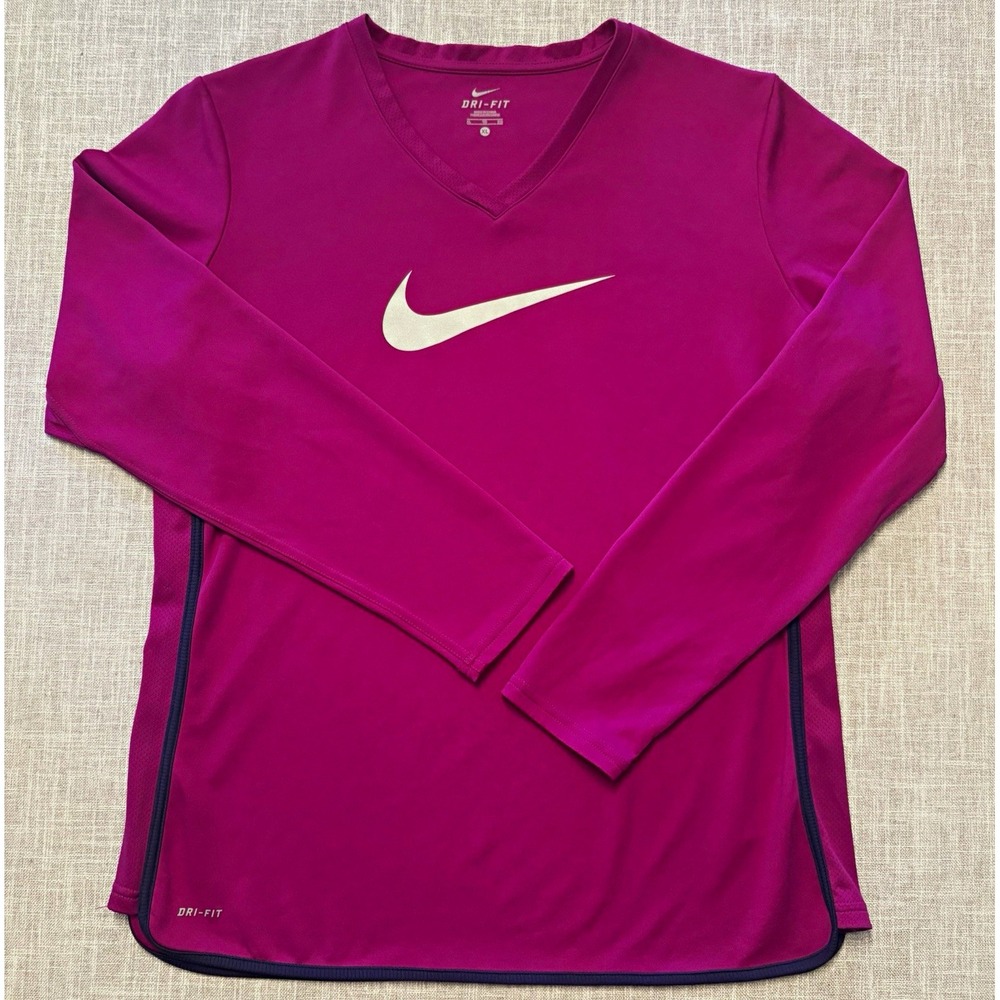 Nike Dri-FIT Womens XL Magenta V-Neck Long Sleeve Athletic Swoosh Logo Tee